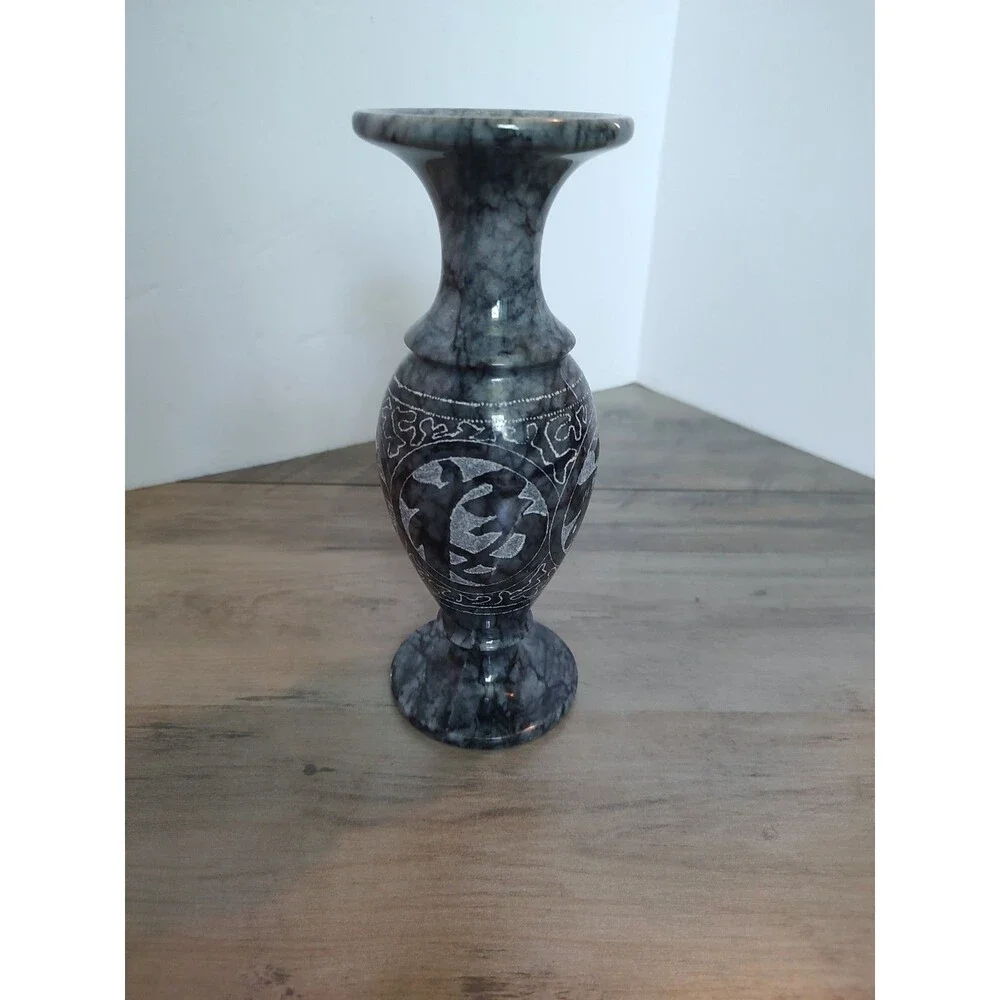 Four Blessings Vase Collectible Black & Grey Marble Carved Chinese Art EUC 8